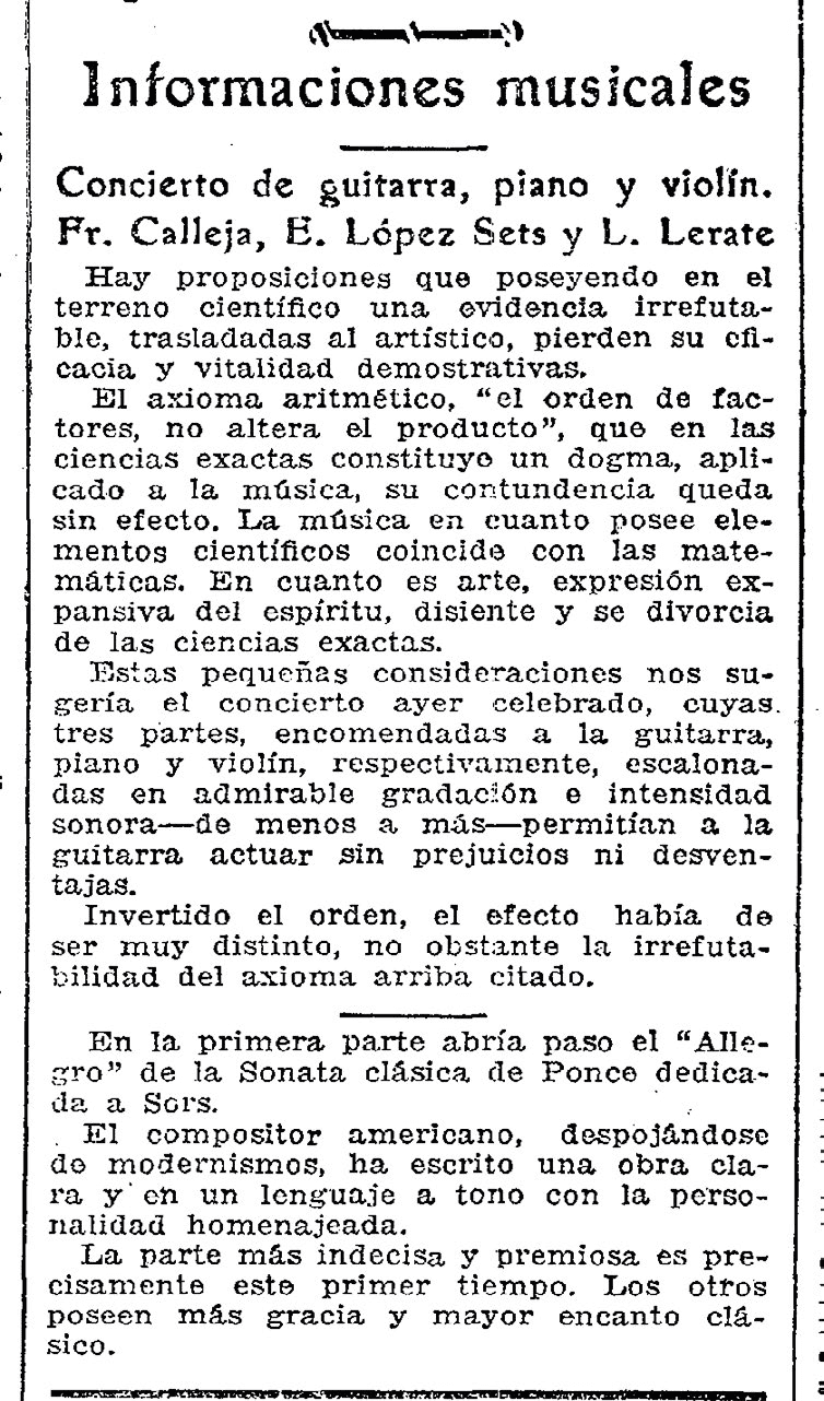 Reseña de un concierto de Francisco Calleja publicada en ABC Sevilla del 25 de mayo de 1937